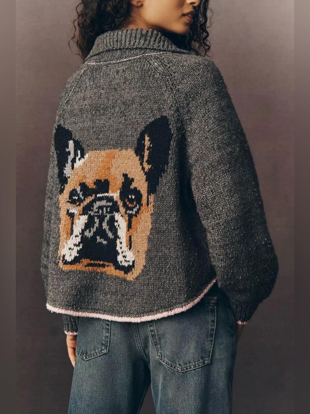 Anthropologie Pilero The Jesse Dog Icon Cardigan Sweater - French Bulldog in S